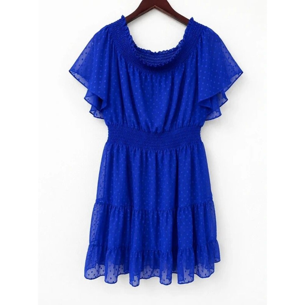 Premier Amour Royal Blue Swiss Dot Smocked Mini Dress Size 18
